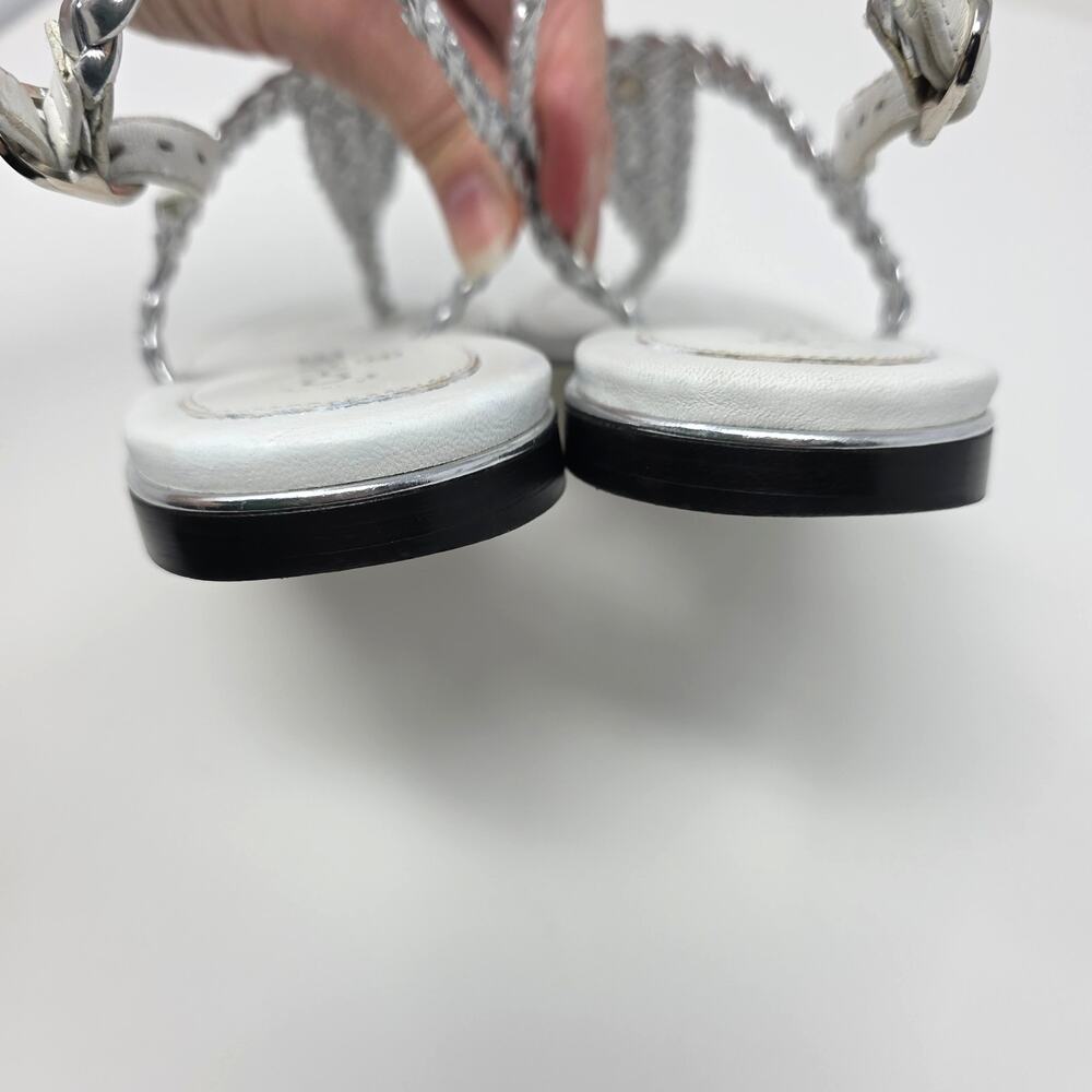 Chanel CC Logo Braided Metallic Leather Thong Sandals White Silver IT 37.5 US 7 - Picture 6 of 9